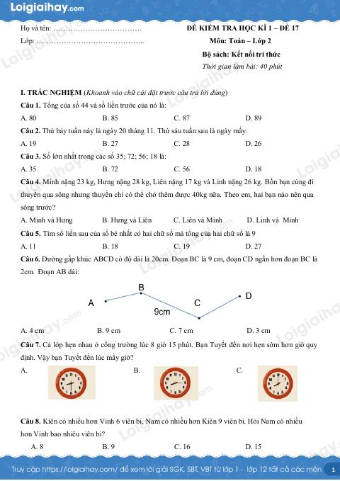 Đề kiểm tra học kì 1 Toán 2 Kết nối tri thức - Đề số 17